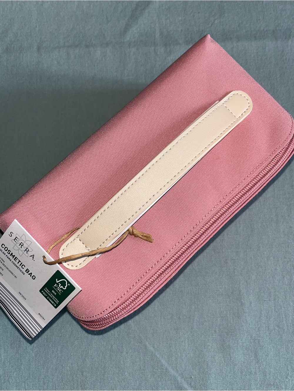Serra Pink Cosmetic Bag with Cream Handle and Gold Zip Pull